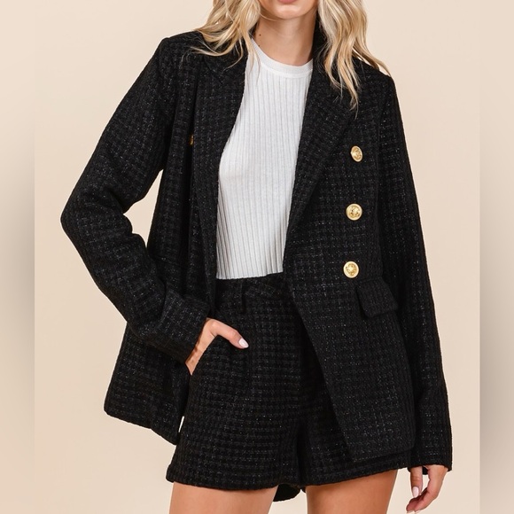 NWT Mittoshop Black Plaid Chunky Textured Double Breasted Long Sleeve Blazer - Picture 3 of 6